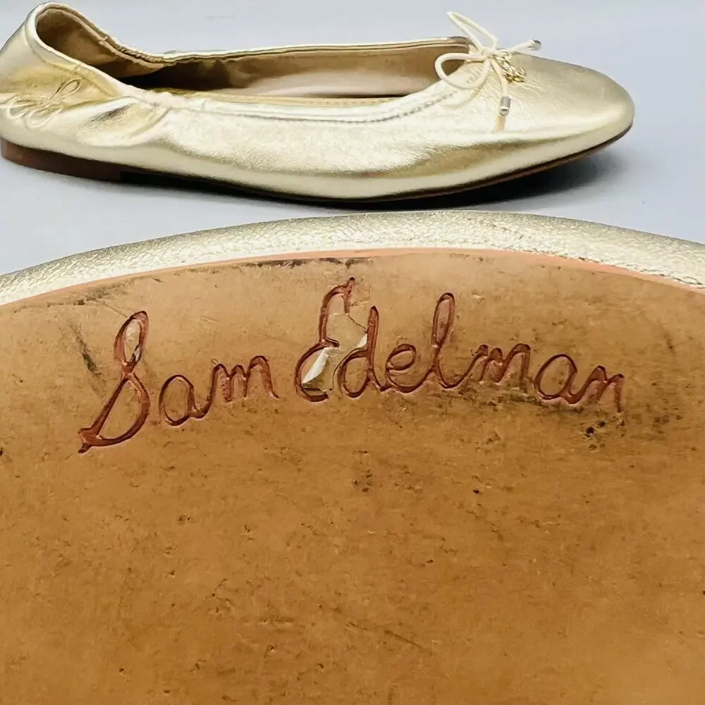 Sam Edelman Shoes Girls 4 Gold Metallic Ballet Flats Bow Slip On Dressy Casual